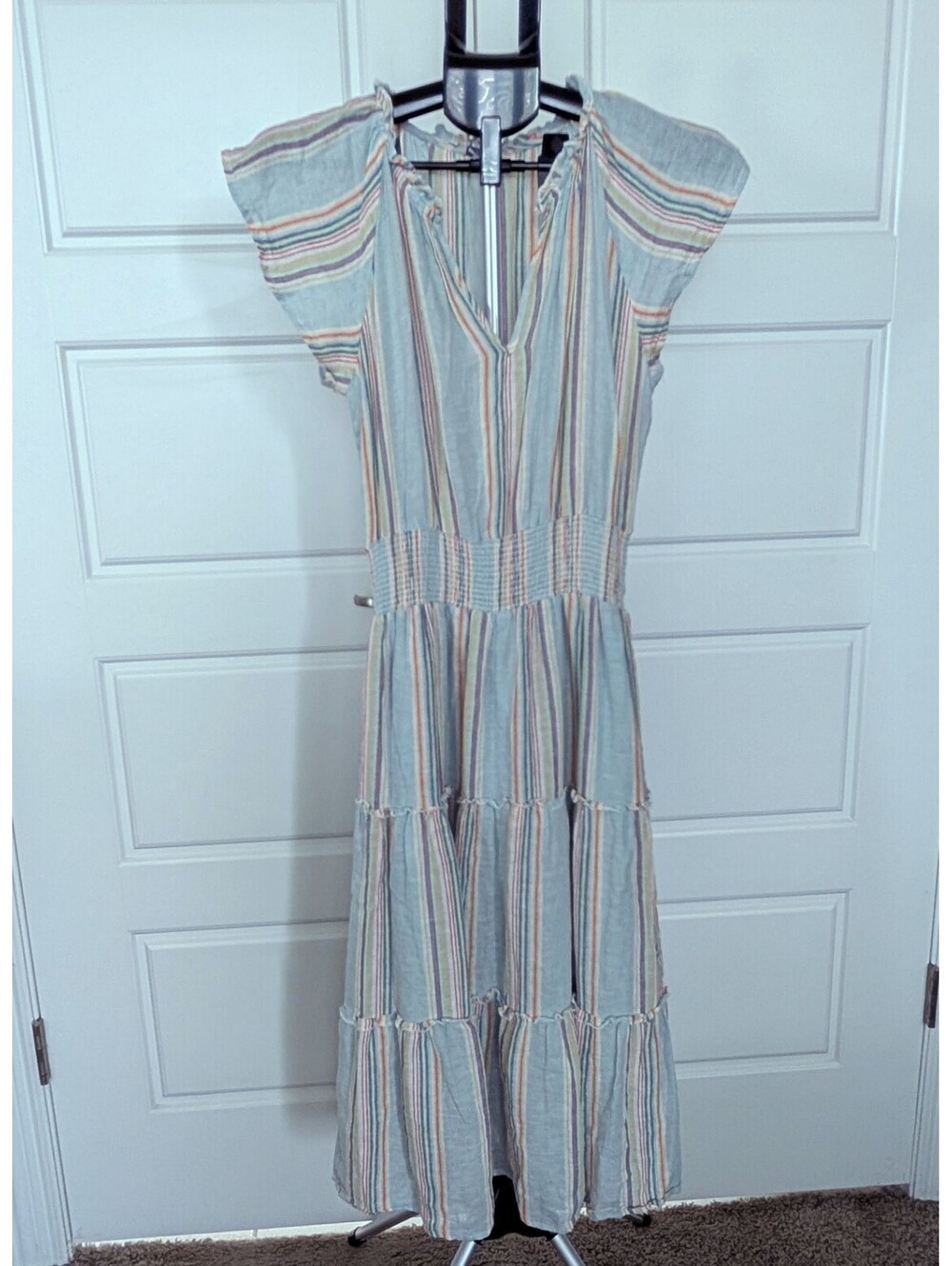 Coastal Grandmother Rails Amelia Linen Tiered Midi Dress Stripe XS